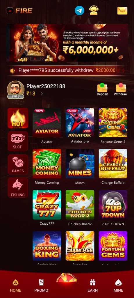 Fire Game homepage showing gaming categories, Aviator, Fortune Gems, Mines, Crazy 777, Chicken Road 2, and account options.
