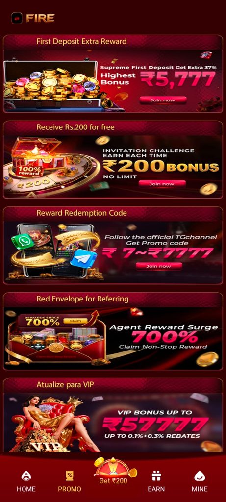 Fire Game promotional page featuring deposit rewards, ₹200 referral bonus, promo codes, agent rewards, and VIP bonuses.